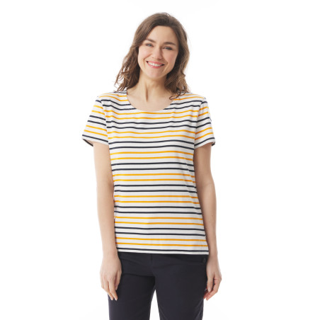 T-shirt rayé femme jaune safran et bleu marine | Mousqueton