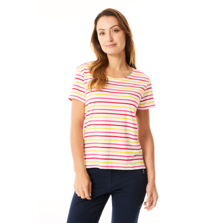 T-shirt rayé femme rose fuschia et jaune safran| Mousqueton