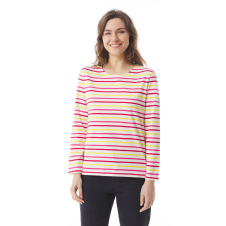 T-shirt manches longues rayé femme rose fuschia | Mousqueton