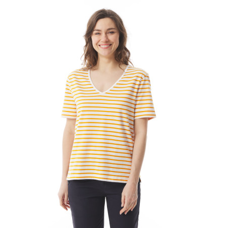 Striped V-neck T-shirt with short sleeves orange-yellow | Mousqueton