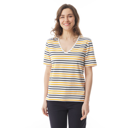 V-neck striped T-shirt with short sleeves orange-yellow | Mousqueton