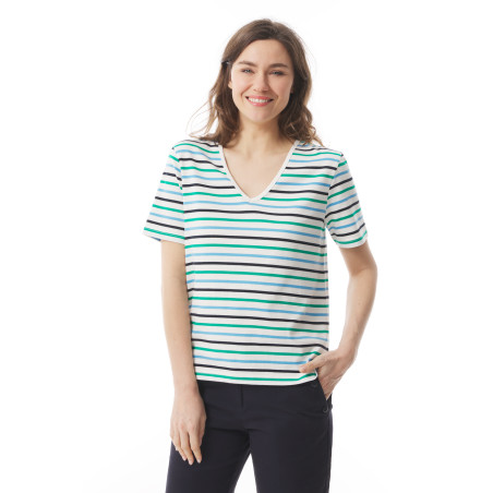 V-neck striped T-shirt with short sleeves sky blue and jade green | Mousqueton