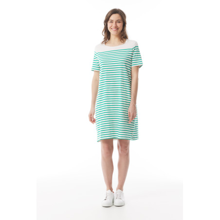 Straight cotton dress with jade green stripes | Mousqueton