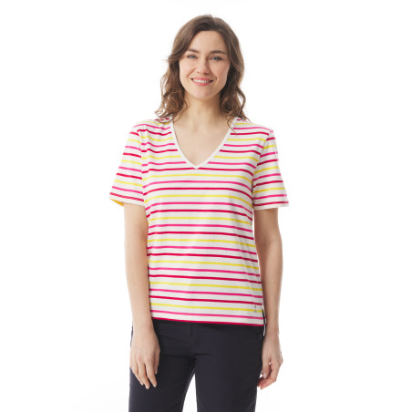 V-neck striped T-shirt with short sleeves fuschia pink | Mousqueton