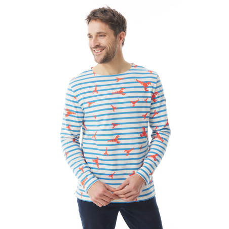 Marinière bicolore homme bleu ciel motifs homard | Mousqueton