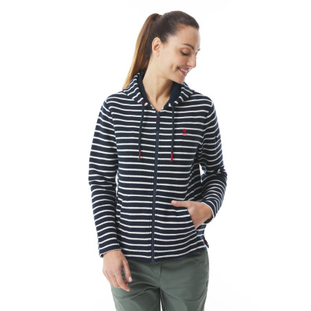 Women's zip-up hoodie with a navy and white striped fleece hood | Mousqueton