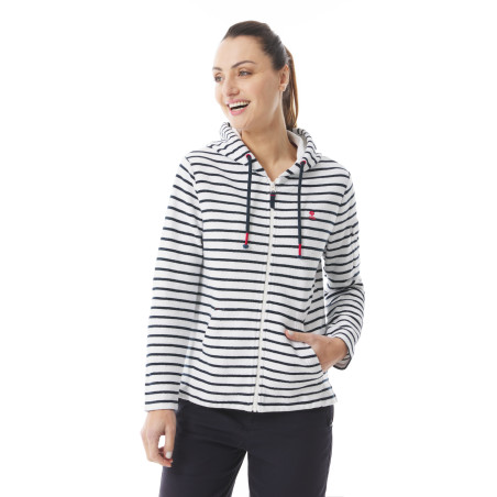 Striped navy blue fleece zip-up hoodie for women | Mousqueton