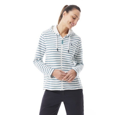 Women's zip-up fleece hoodie with white and light blue stripes