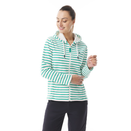 Striped white and jade green fleece zip-up hoodie for women | Mousqueton