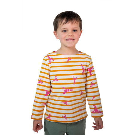 Marinière enfant jaune orangé imprimé homard | Mousqueton