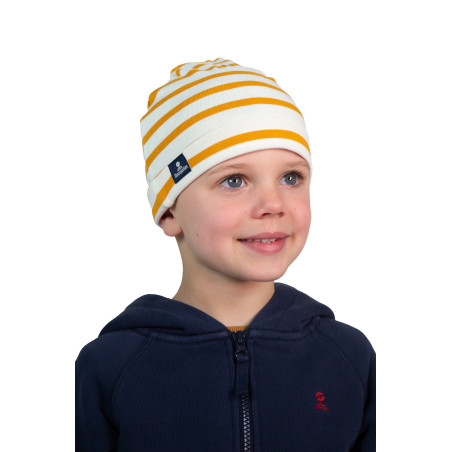 Bonnet rayé en coton enfant jaune orangé | Mousqueton
