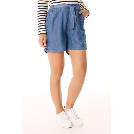 Short femme léger taille haute en tencel bleu denim | Mousqueton