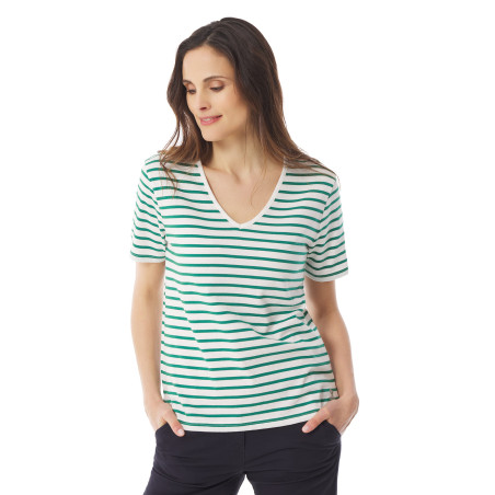 Striped V-neck T-shirt with short sleeves vert jade | Mousqueton