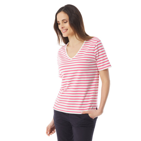 Striped V-neck T-shirt with short sleeves fuschia pink | Mousqueton