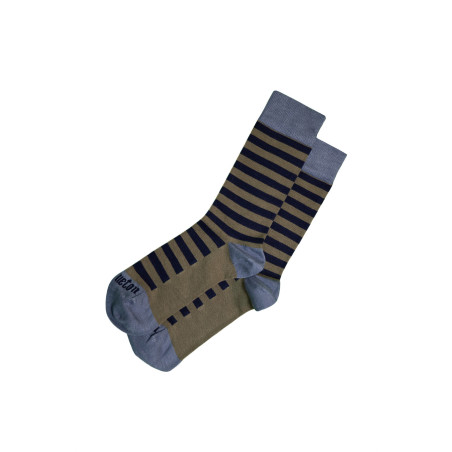 Khaki-green and navy blue striped bamboo knee-high socks | Mousqueton