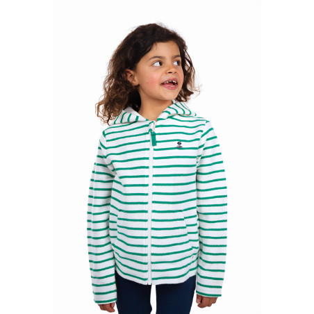 Gilet enfant en coton texturé rayé blanc et vert jade | Mousqueton