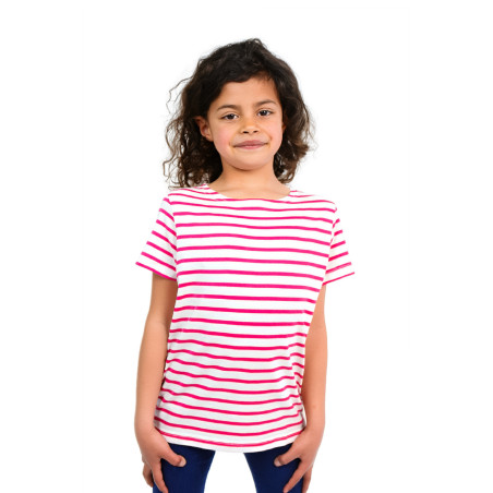 T-shirt rayé manches courtes enfant rose fuchsia | Mousqueton
