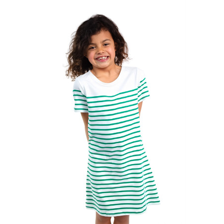 Jade green striped cotton dress for girls | Mousqueton