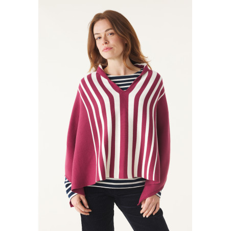 Poncho femme rouge brique rayé écru | Mousqueton