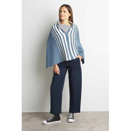 Poncho femme gris bleuté rayé écru | Mousqueton