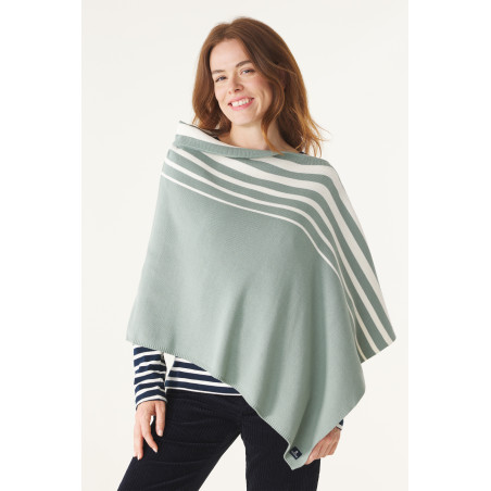 Poncho femme vert kaki rayé écru | Mousqueton