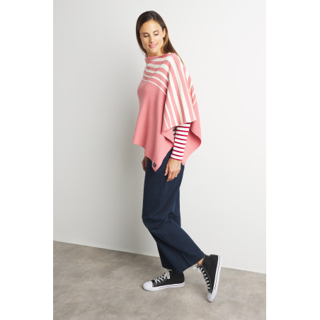 Poncho femme rose pivoine rayé écru | Mousqueton
