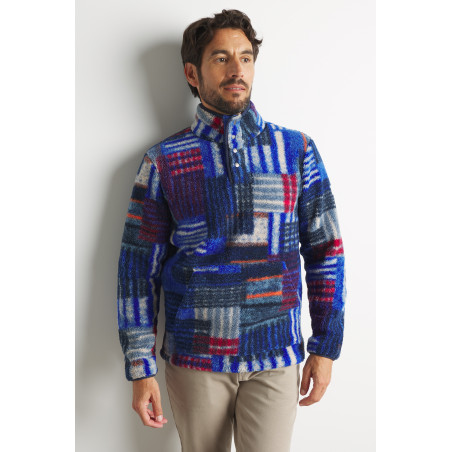Sweat sherpa col haut pour homme motifs colorés sur fond bleu cobalt | Mousqueton
