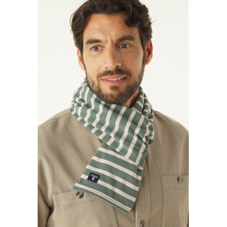 Cotton striped scarf khaki green and beige | Mousqueton