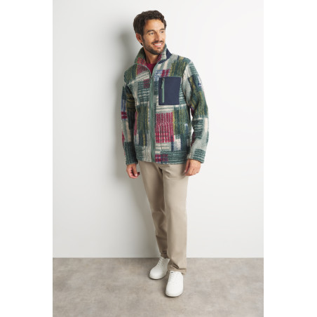 Gilet sherpa pour homme motifs multicolores fond vert kaki | Mousqueton
