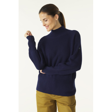 Women's navy blue turtleneck wool sweater | Mousqueton