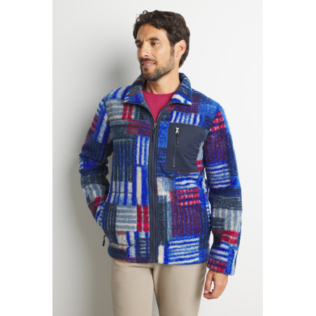 Gilet sherpa pour homme motifs multicolores fond bleu cobalt | Mousqueton
