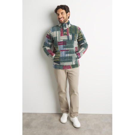 Sweat sherpa col haut pour homme motifs colorés sur fond vert kaki | Mousqueton