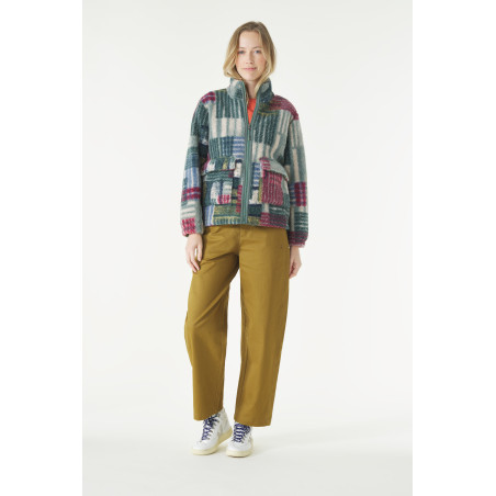 Gilet sherpa pour femme motifs multicolores fond vert kaki | Mousqueton