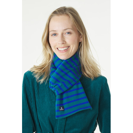 Cotton striped scarf in emerald green and cobalt blue | Mousqueton