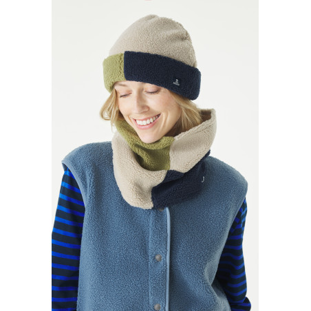 Bonnet mixte en polaire beige et vert | Mousqueton