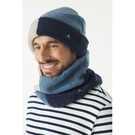 Tour de cou mixte en polaire bleu et beige | Mousqueton
