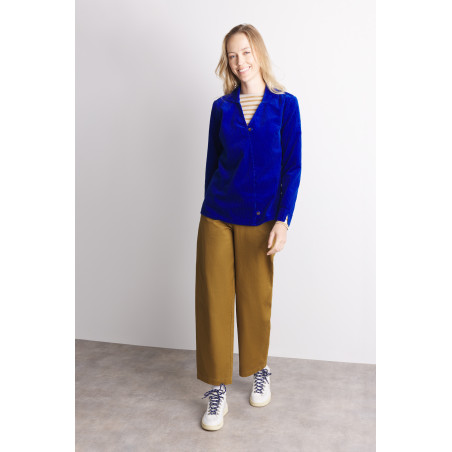V-neck cobalt blue corduroy blouse | Mousqueton