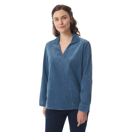Blouse col V en velours côtelé gris bleuté | Mousqueton