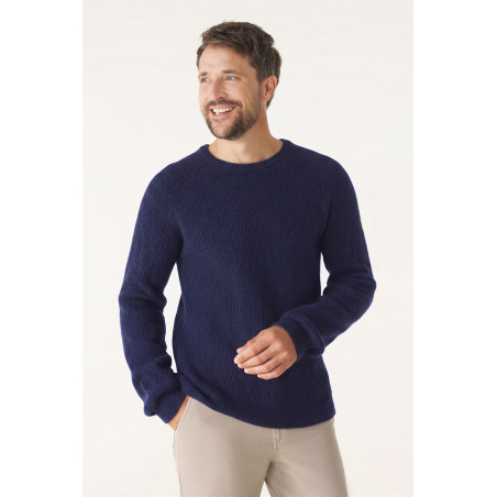 Men's navy blue ribbed wool sweater | Mousqueton