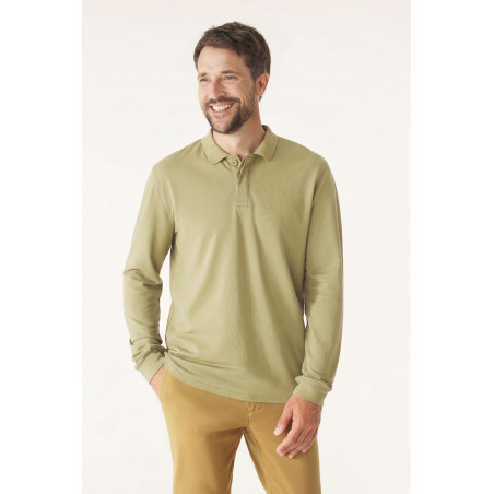 Polo manches longues en coton vert mousse | Mousqueton