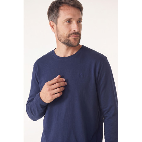 T-shirt manches longues homme uni bleu marine | Mousqueton