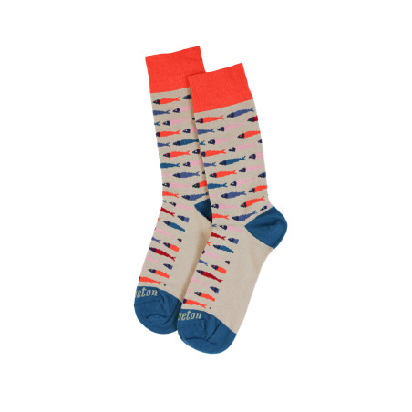 Chaussettes hautes gris beige à motifs poissons | Mousqueton