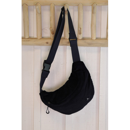 Petit sac banane BANNIC en velours côtelé bleu marine | Mousqueton