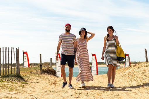 Group of friends wearing summer clothes like striped t-shirt, long dress or even short striped dress