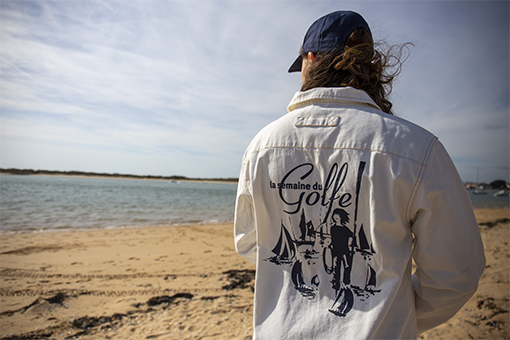 Pea jacket made for the Semaine du Golfe with the poster in the back