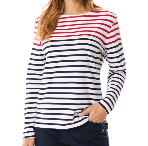 A red and navy striped top with a radiant charm